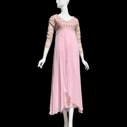 1960s Vintage evening dress, pink Bridgerton silk chiffon empire waist beaded lace formal scarf gown
