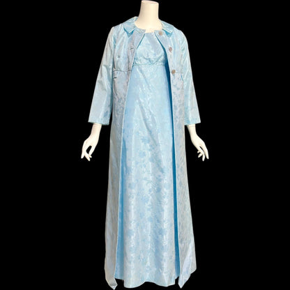 1960s Vintage evening gown and opera coat ensemble, baby blue damask custom mod column dress and duster set