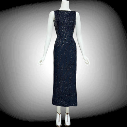 FRANK STARR Vintage 1960s evening gown dress, Lord & Taylor, black sequin sheath evening gown