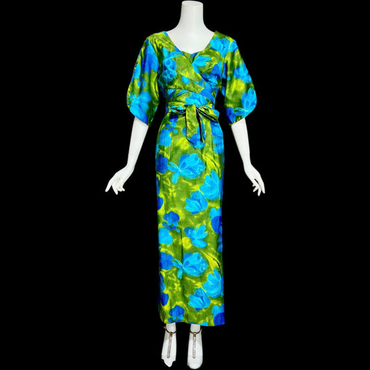 1960s Vintage bombshell Hawaiian dress, LORD & TAYLOR wrap cotton maxi dress, blue green floral