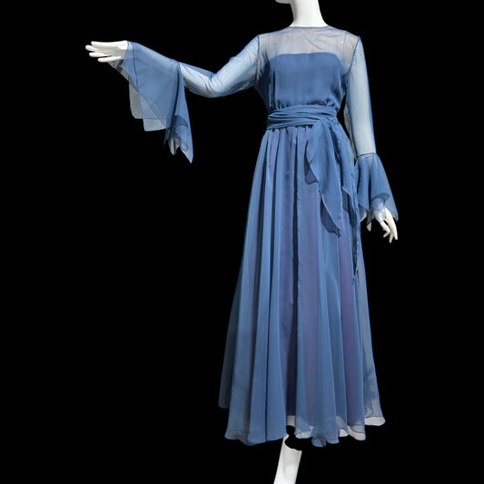 KIKI HART vintage 1960s evening dress, dusty blue poly chiffon gown, Scarf Sleeves