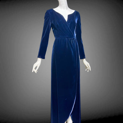 MOLLIE PARNIS vintage 1960s blue velvet wrap evening dress, Morty Sussman