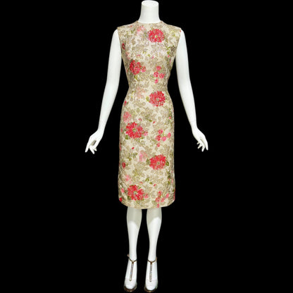 SANDRA SAGE, Vintage 1960s cocktail wiggle dress, red flowers and gold metallic mod dress