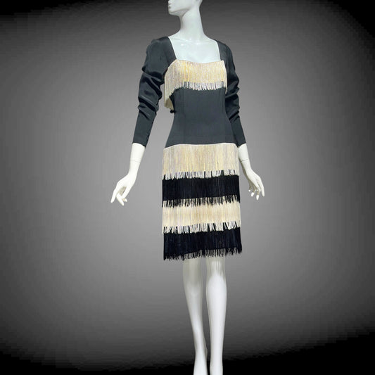 TRAVILLA vintage evening cocktail dress, 1960s black white fringed mod party dress