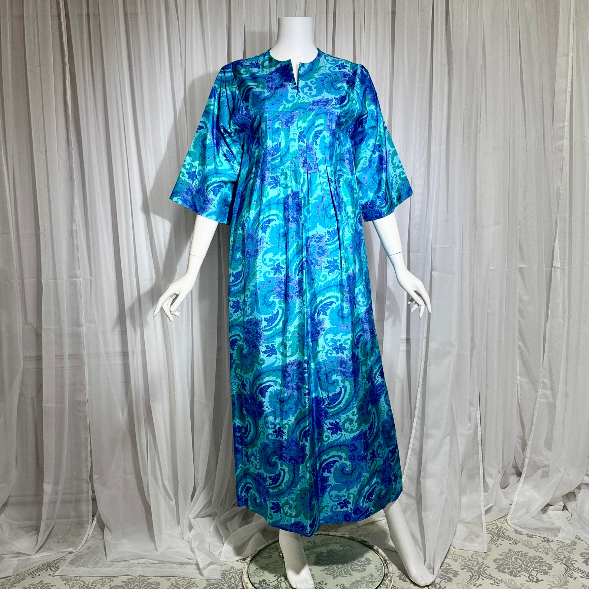 1960s vintage Thai Silk Caftan dress, JIM THOMPSON? blue and purple silk paisley Hippie Boho Dress
