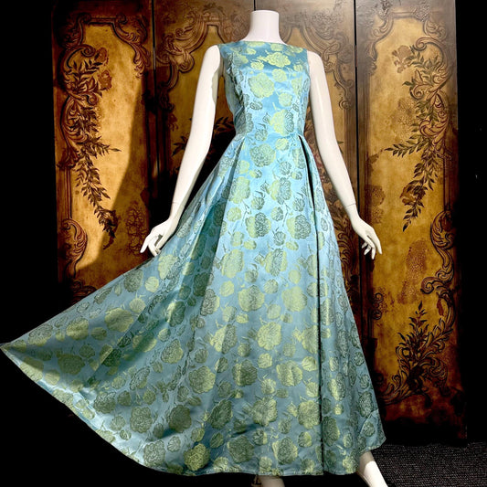 1960s vintage evening dress gown, Blue floral silk damask pleated full skirt ball gown