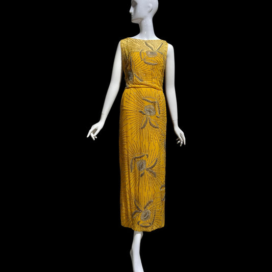1960s vintage evening dress gown, Custom Made Marigold silk beaded Sheath Gown