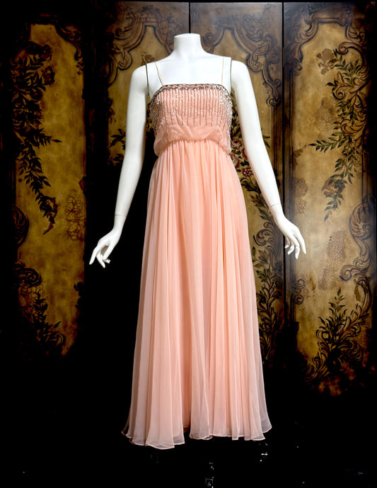 1960s vintage evening dress gown, FONTANA'S NY Beaded Pink Chiffon Formal Prom Gown