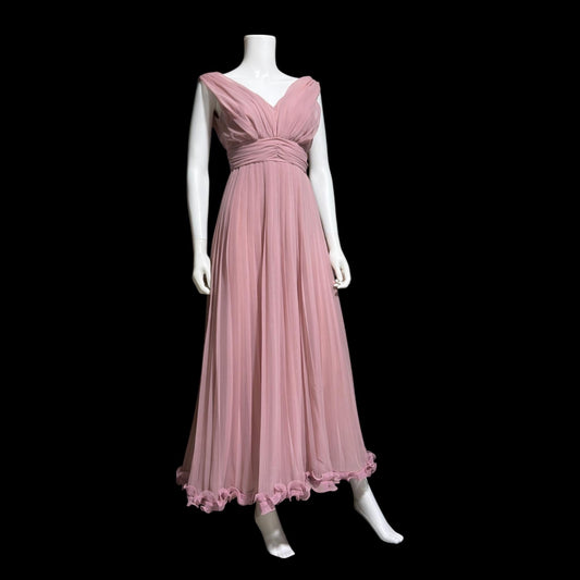 1960s vintage evening gown dress, dusty orchid pleated chiffon cocktail party dress
