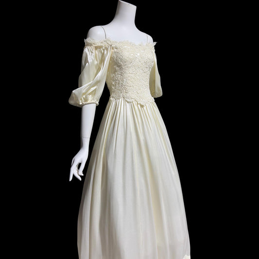 1960s vintage wedding dress, Off shoulder Juliet style bridal gown