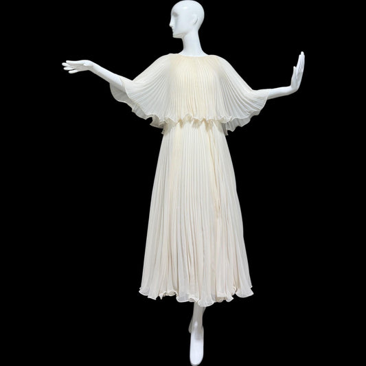 1960s vintage evening dress gown, almond white lace pleated dress, ruffled cape collar