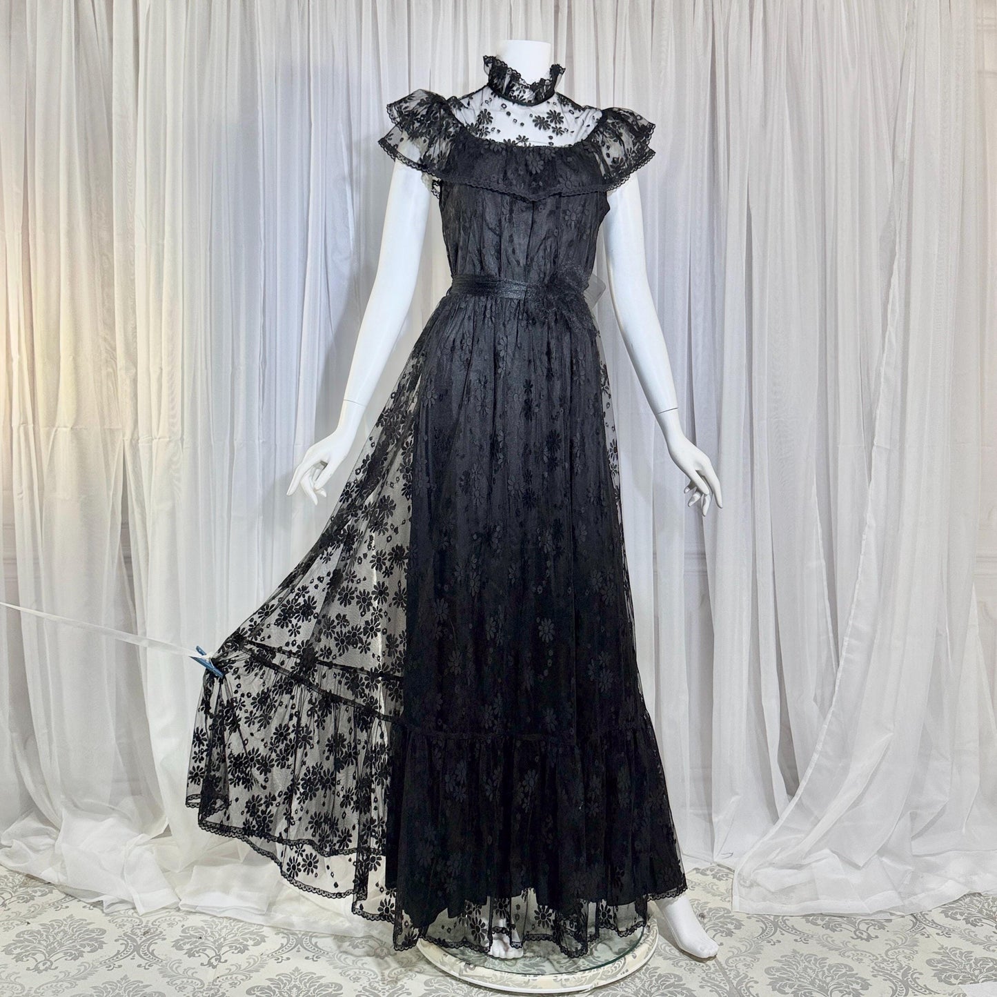1970s Vintage Black Lace Maxi dress, High neck ruffle evening gown