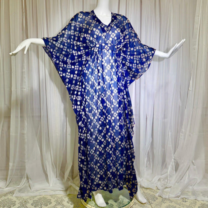 1970s Vintage Cotton Gauze Caftan Dress, Midnight Blue Batik Hippie Boho Maxi