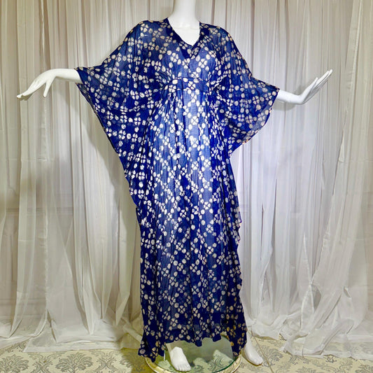 1970s Vintage Cotton Gauze Caftan Dress, Midnight Blue Batik Hippie Boho Maxi
