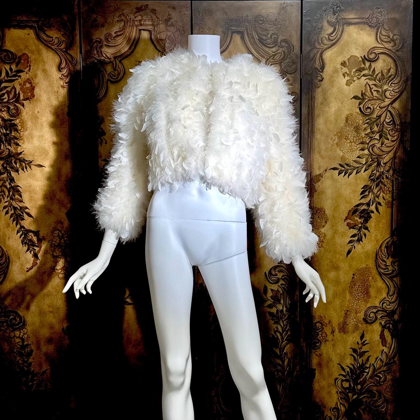 1970s Vintage Marabou & Feather Cropped Jacket, Snowy White Wedding Evening Topper
