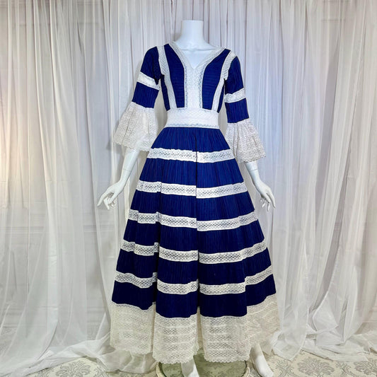 1970s Vintage Mexican Wedding Dress, Blue & White Pin tuck cotton crochet bell sleeve maxi gown