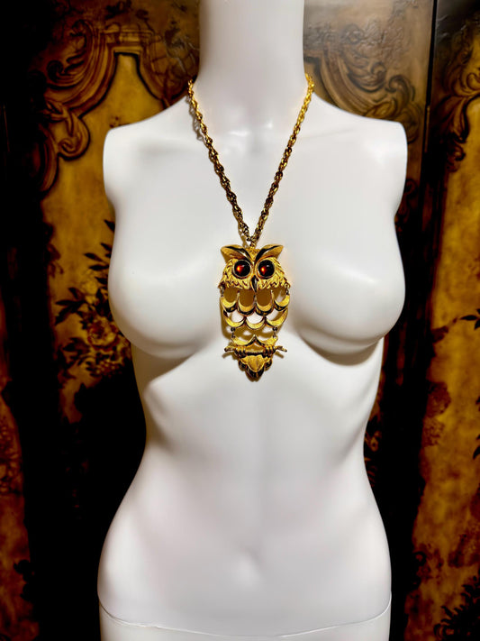 1970s Vintage OWL Necklace, Gold Articulated Pendant Rope Chain