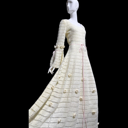 1970s Vintage evening wedding Dress: Hand crochet Mexican style Bohemian Gown - STRETCHY Large