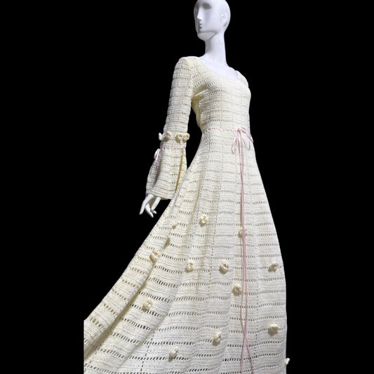 1970s Vintage evening wedding Dress: Hand crochet Mexican style Bohemian Gown - STRETCHY Large