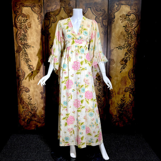 1970s Vintage floral Maxi Dress, Gauzy Angel sleeve Hippie Boho Garden Party dress