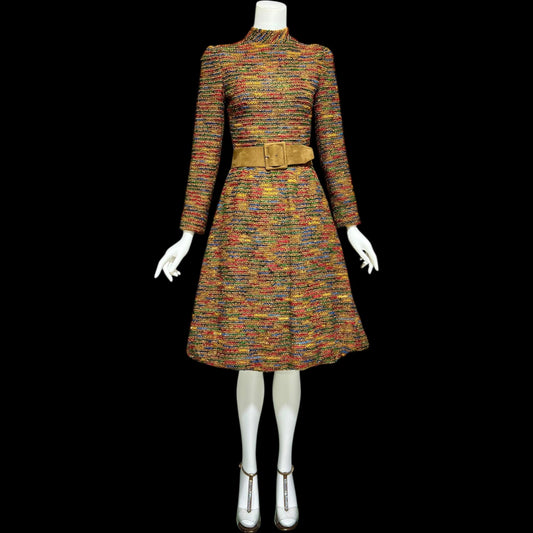 ARNOLD SCAASI vintage 1970s Day Dress, boucle wool & silk high neck dress