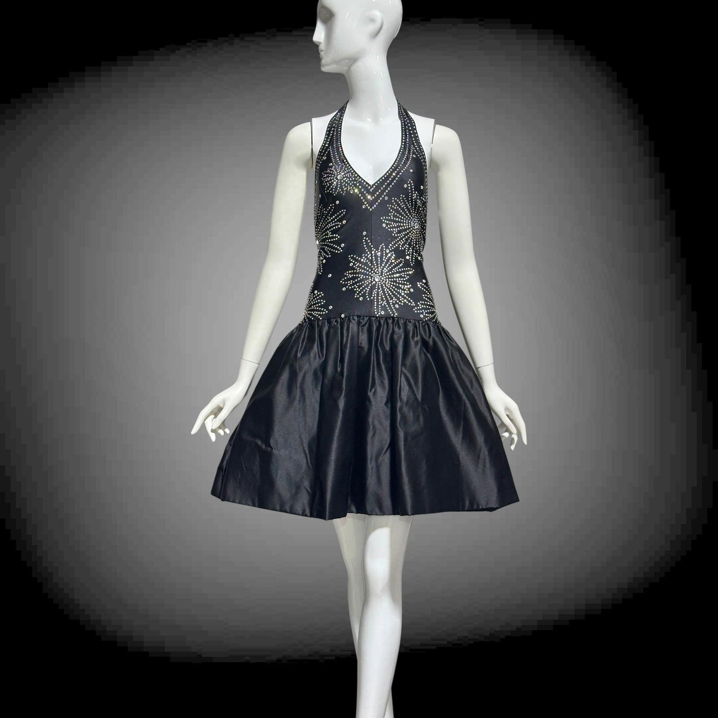 1970s Halter Party Mini Dress: Vintage black bubble skirt with rhinestone studs