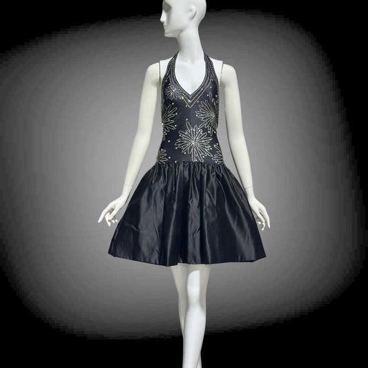 1970s Halter Party Mini Dress: Vintage black bubble skirt with rhinestone studs