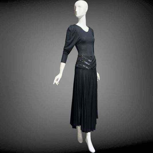 SAKS FIFTH AVENUE Made in England, 1970s evening dress, black jersey knit and sequins