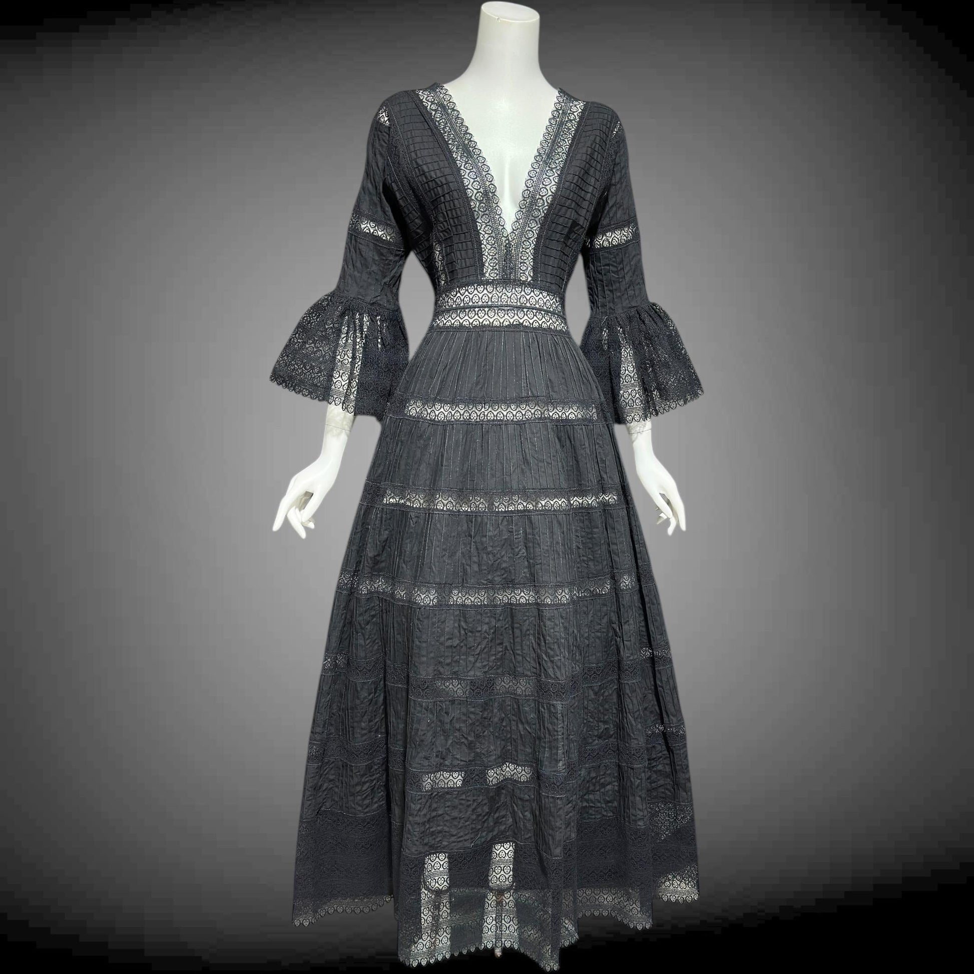 1970s vintage Mexican Wedding dress, Black cotton blend Deep V ball gown, long bell Sleeves, Maxi Hippie Bohemian gown