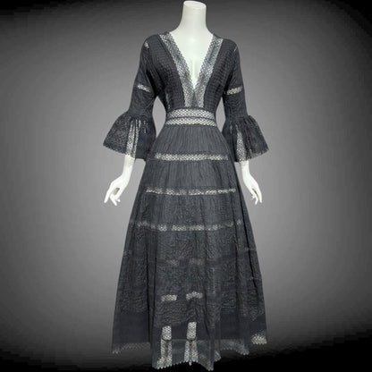 1970s vintage Mexican Wedding dress, Black cotton blend Deep V ball gown, long bell Sleeves, Maxi Hippie Bohemian gown