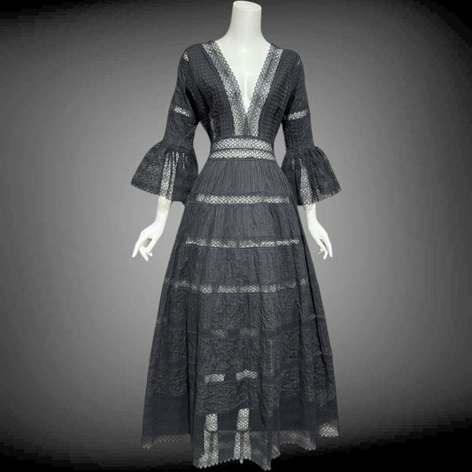 1970s vintage Mexican Wedding dress, Black cotton blend Deep V ball gown, long bell Sleeves, Maxi Hippie Bohemian gown