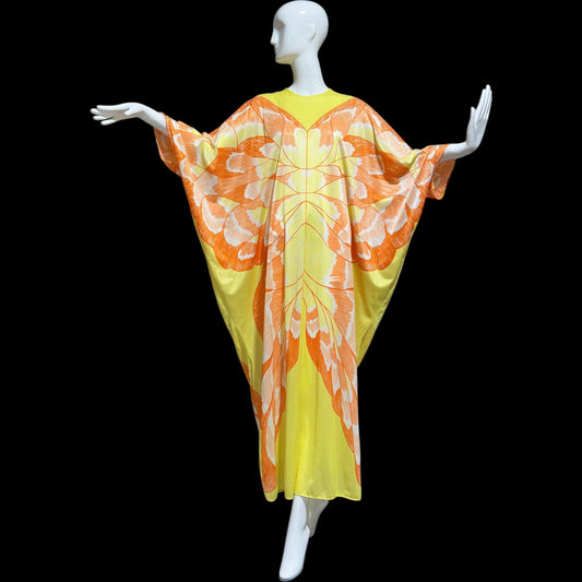 1970s Vintage caftan dress, Yellow and orange nylon butterfly motif loose house dress