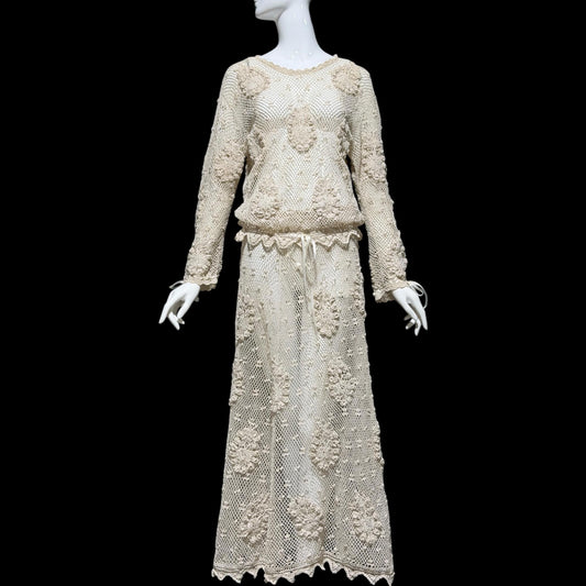 1970s vintage crochet dress, 2 pieces, Cotton blouson top & maxi skirt