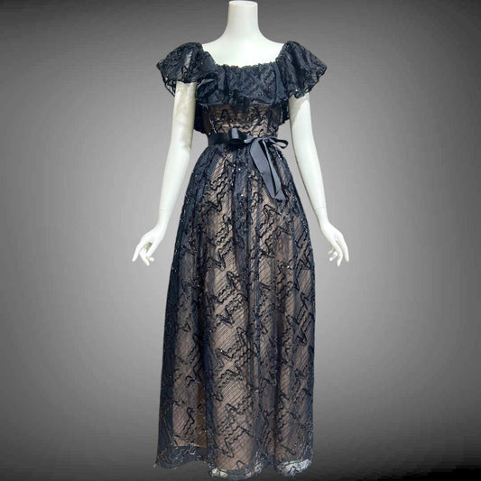 1970s vintage evening dress gown, black lace and sequin ruffled off the shoulder formal dress