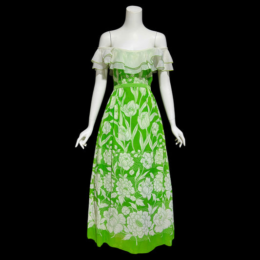 1970s vintage off shoulder maxi dress, Ruffle collar, sheer green voile white organza evening party dress