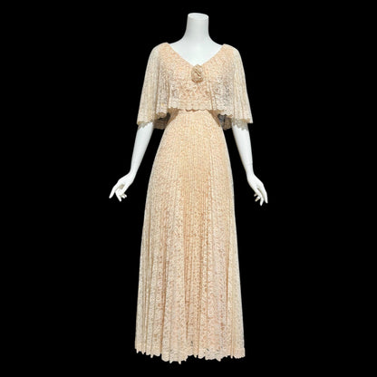 1970w vintage evening dress, peachy lace pleated dress, ruffled cape collar hippie boho chic evening gown, 36 bust