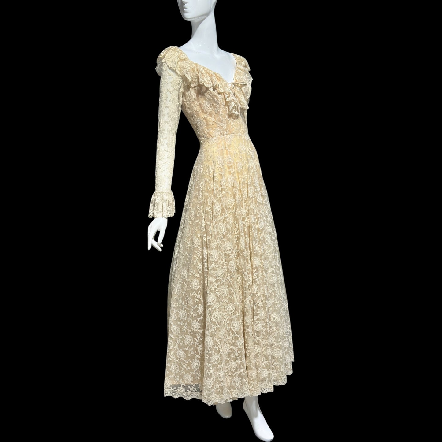 LES WILK 1970s vintage evening dress, lace beige ruffle deep V neckline full sweep wedding dress