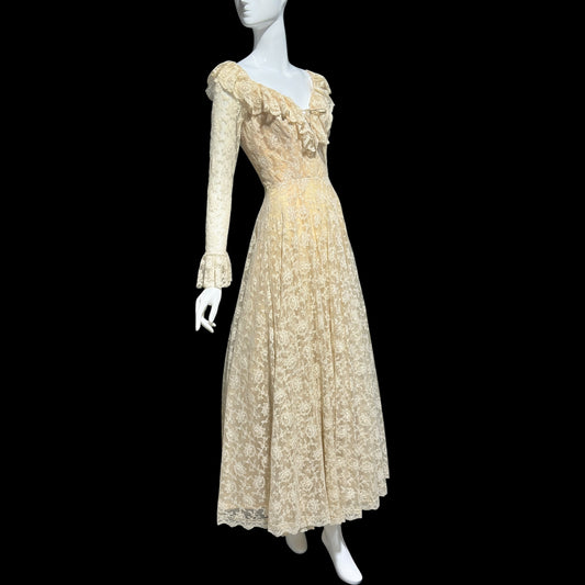 LES WILK 1970s vintage evening dress, lace beige ruffle deep V neckline full sweep wedding dress
