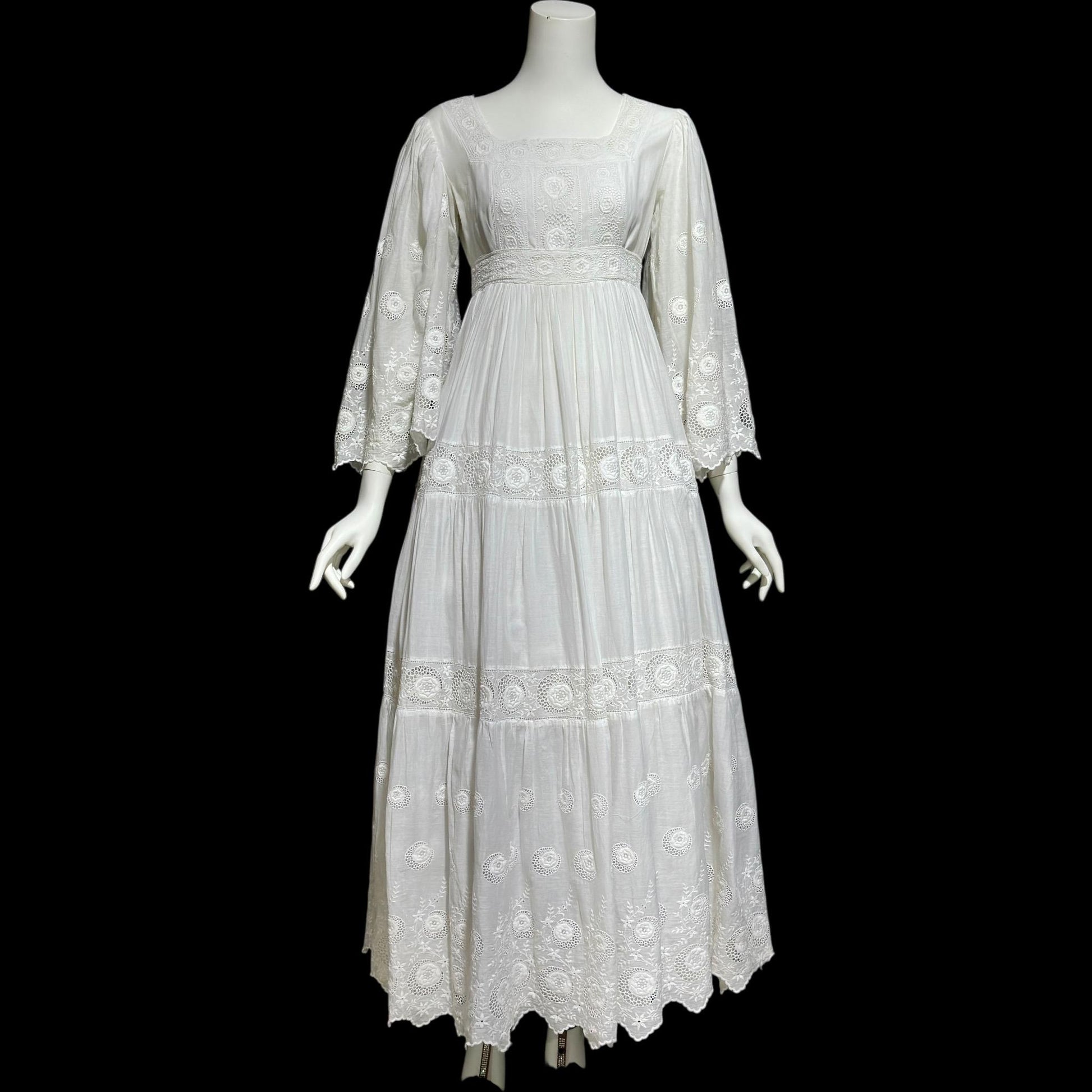 1970s Mexican Wedding dress, White batiste cotton embroidered empire ball gown