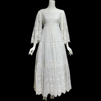 1970s Mexican Wedding dress, White batiste cotton embroidered empire ball gown