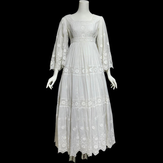 1970s Mexican Wedding dress, White batiste cotton embroidered empire ball gown