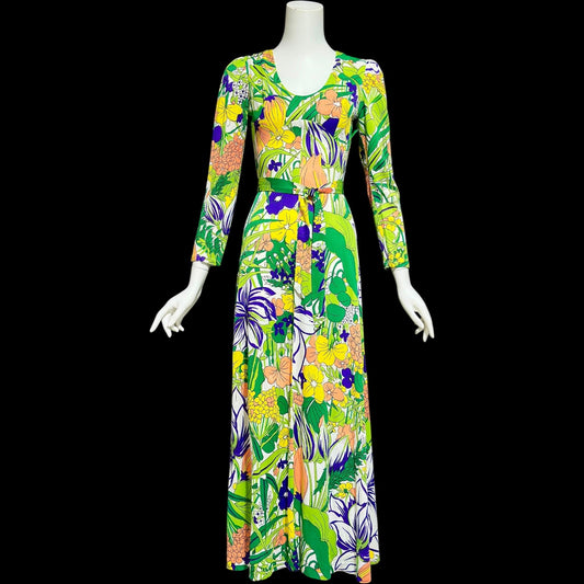 THE COMPANY, vintage 1970s maxi dress, slinky psychedelic floral print dress, long sleeve op art garden party dress, small