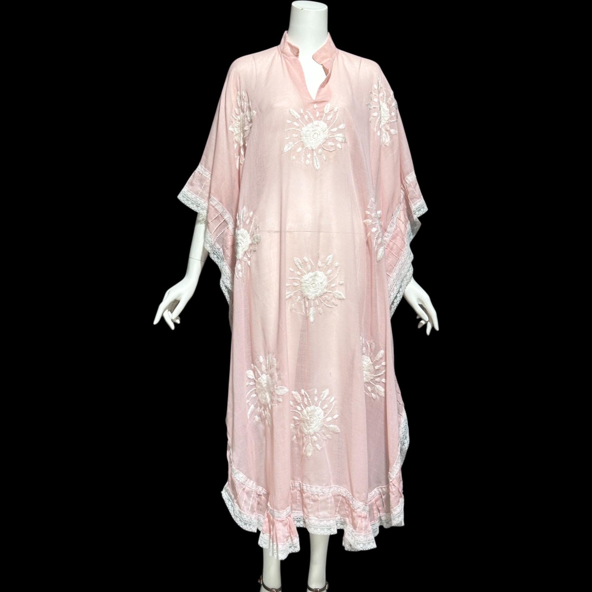1970s Vintage sheer caftan dress, baby pink cotton poly blend with white embroidered flowers, loose house dress, hostess lounging gown