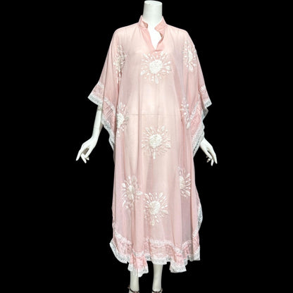 1970s Vintage sheer caftan dress, baby pink cotton poly blend with white embroidered flowers, loose house dress, hostess lounging gown