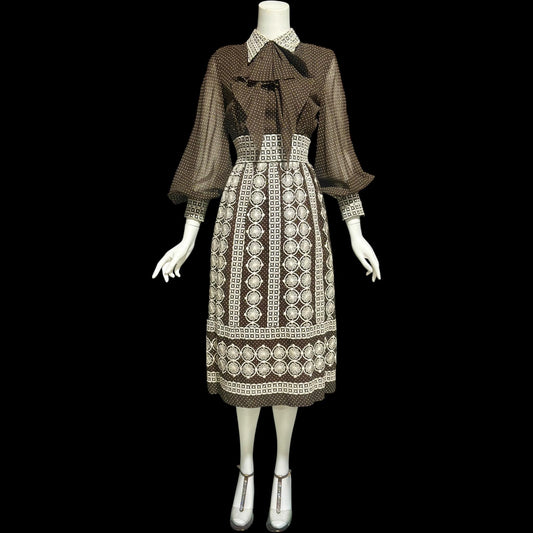 ROMANTICA VICTOR COSTA shirt dress, Vintage 1970s Bishop sleeves and pussy bow, Brown and white embroidered floral