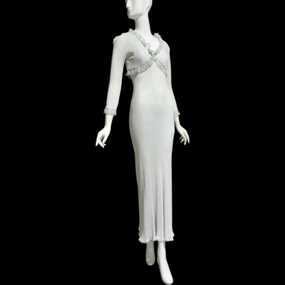 1970s vintage bodycon knit evening dress, Silver Metallic Lurex Sheath Maxi Dress