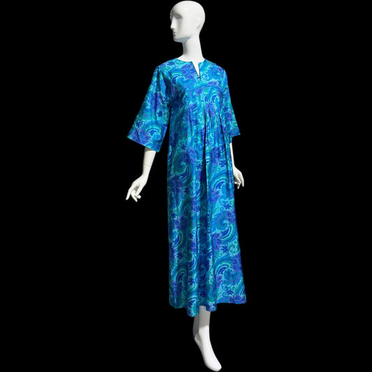 1970s vintage Thai Silk Caftan dress, JIM THOMPSON? blue and purple silk paisley Hippie Boho Dress