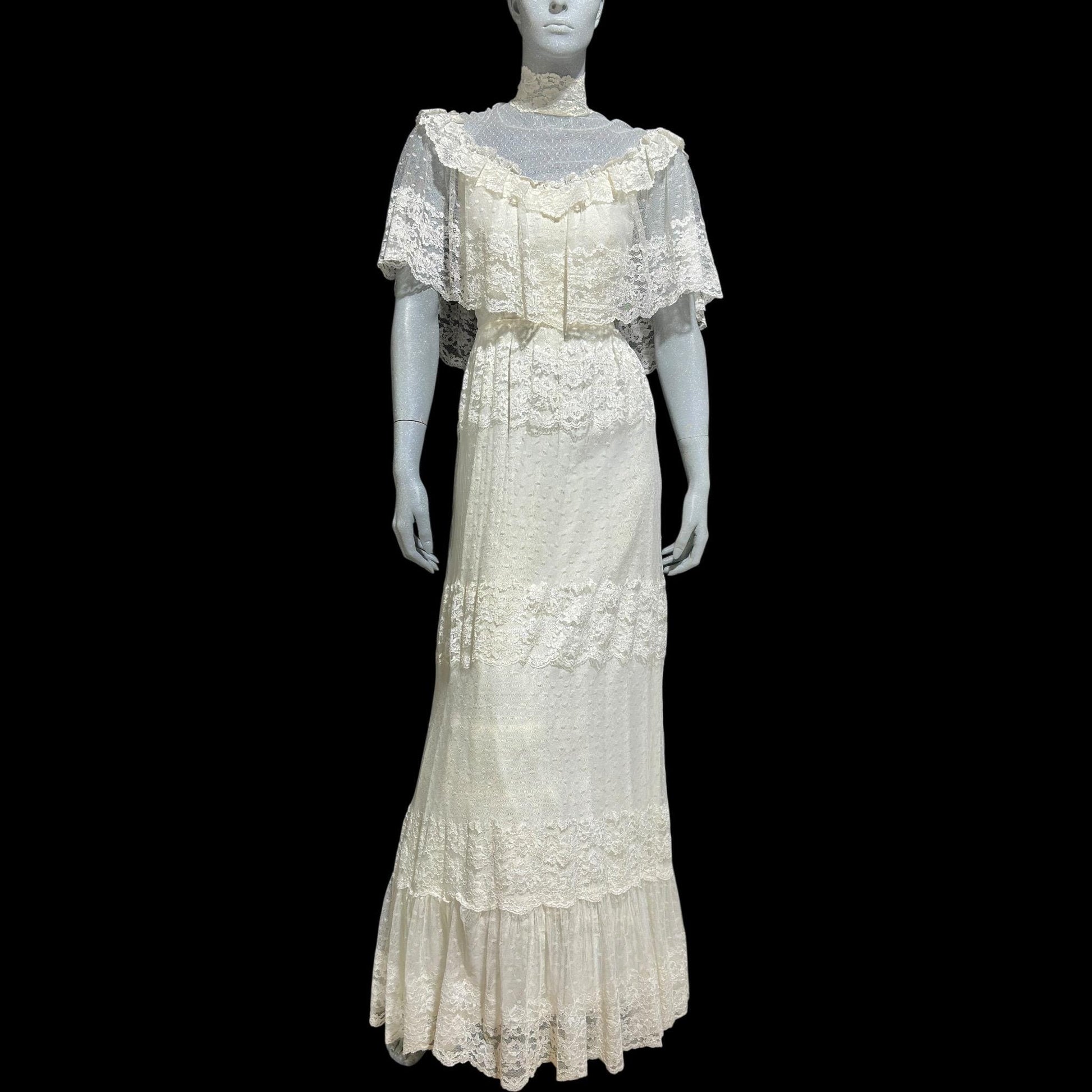 1970s vintage Wedding dress, Gunne Vibes, White lace ruffle collar gown, Victorian Hippie Bohemian dress