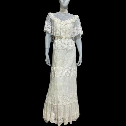 1970s vintage Wedding dress, Gunne Vibes, White lace ruffle collar gown, Victorian Hippie Bohemian dress