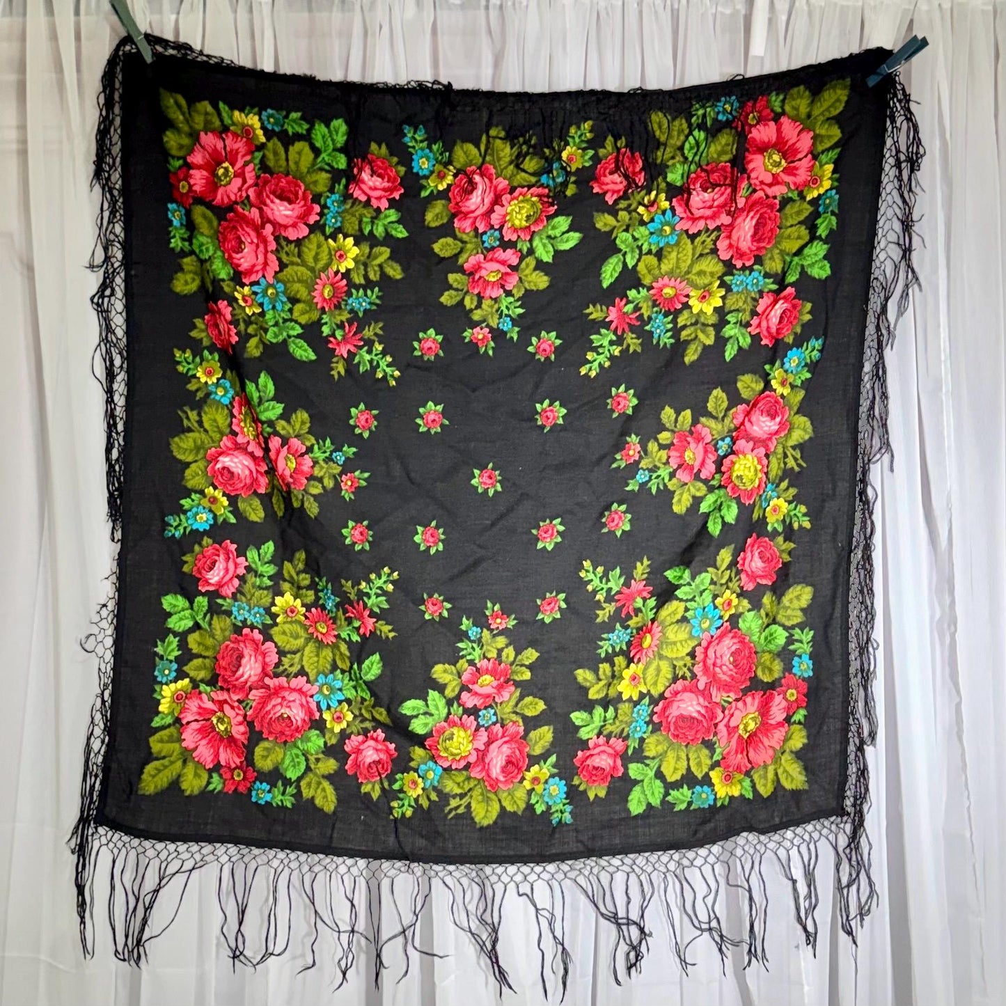 1970s vintage Floral Wool Challis Fringed shawl, black pink rose print scarf wrap, 36 inch square